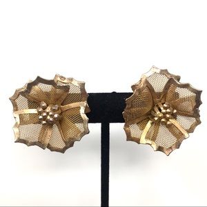 Vintage Signed BED Gold Tone Mesh Flower Earrings